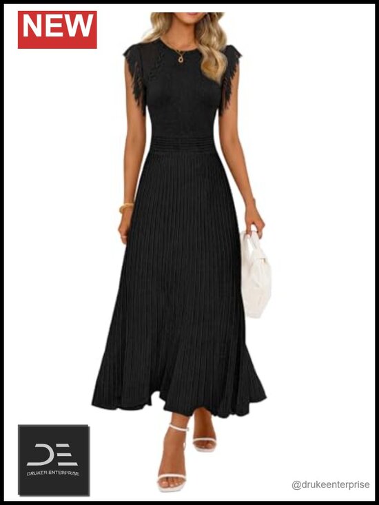 Dresses & Skirts - Sleeveless Fringe A-Line Pleated Midi Dress Ribbed Knit